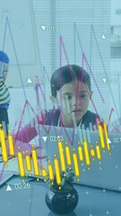 Poster - Animation of financial data processing over diverse schoolgirls using laptop