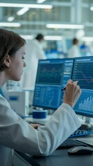 Poster - Analyzing Data: A focused scientist, engrossed in the intricate details of data analysis displayed on dual computer screens in a modern laboratory setting.