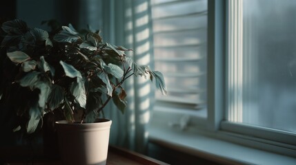 Poster - Indoor plant beside window illuminated by soft morning light creating a peaceful atmosphere in a cozy room