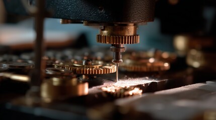Poster - Intricate machinery processes gears in a workshop during daylight hours