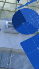 Poster - Animation of statistical data processing against low angle view of bank building