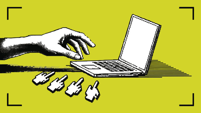 Stylized illustration of a hand reaching towards a laptop with pixelated cursor hands in a line leading to the device on a bright yellow background with graphic elements