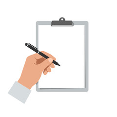 Poster - A hand holding a pen, writing on a blank clipboard.  Simple, clean illustration of note-taking.