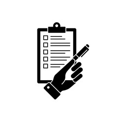 Poster - Hand holding pen, pointing to checklist on clipboard; task management, planning concept.