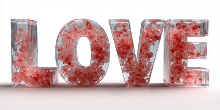 three-dimensional glass text with the inscription LOVE, each letter is filled with floating red rose petals