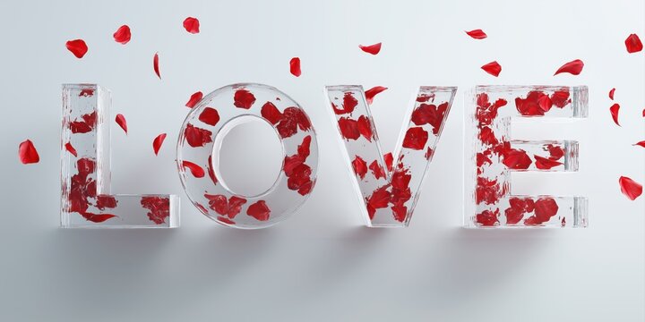 3D glass text spelling LOVE, each letter filled with floating red rose petals, soft transparent reflections, isolated on white background
