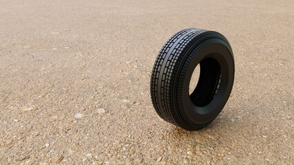 Poster - Tire with on a sand background. Car tires on sand ground background. Black rubber car tire with road. Car wheel.