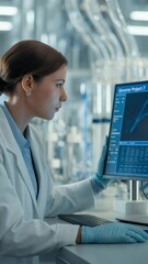 Poster - Scientific Insight: A focused scientist meticulously examines data on a computer monitor, surrounded by the sleek, modern equipment of a laboratory, dedicated to scientific discovery.