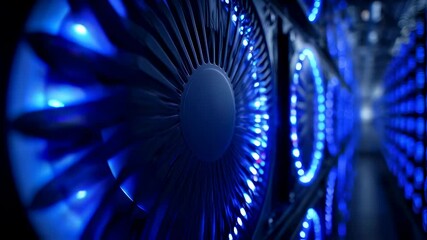 Poster - Intricate detail shot of spinning server fans their cooling LEDs glowing eerily in blue hues establishing a highperformance atmosphere in an advanced technological facility.