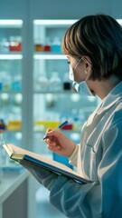 Poster - Lab researcher in laboratory: A focused researcher wearing a lab coat and mask meticulously documents her work in a modern laboratory setting.