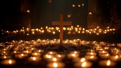 Wall Mural - Many small votive candles burning around a wooden cross placed on the ground in a cemetery at night creating a warm and intense atmosphere of hope and remembrance