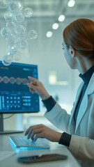 Poster - Scientific Discovery: A dedicated scientist meticulously examines intricate data on a cutting-edge computer, immersed in a world of scientific exploration and innovation.