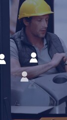 Poster - Animation of profile icons over caucasian male worker using tablet sitting in forklift at warehouse