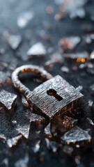 Poster - A conceptual image of shattered data icons and a padlock on a digital interface background showcasing the aftermath of a data breach. The fragmented visuals represent the vulnerabilities