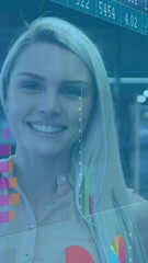 Poster - Animation of statistical data processing against portrait of caucasian woman smiling at office