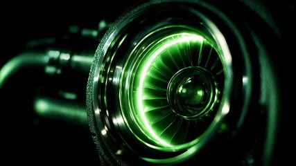 Poster - Close up of a jet engine turbine glowing with green light, showcasing intricate blades and mechanical precision. The image captures the essence of modern aerospace engineering