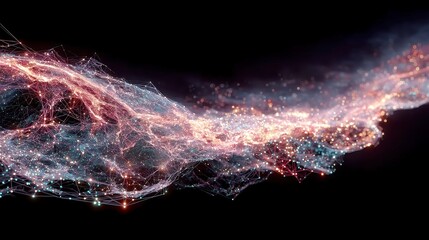 Poster - Chromatic Pulse Network, vibrant pinks and aquas illuminating interconnected nodes, symmetrically arranged in a fractal design against a deep cosmic backdrop.