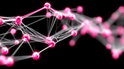 Poster - Chromatic Pulse Network, vibrant pink and aqua nodes interconnected in dark space, featuring a symmetrical fractal layout, creating a mesmerizing visual experience.
