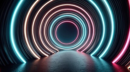 Poster - Neon Data Surge, vibrant blue and magenta spirals emanating from a central node, merging retro technology aesthetics with a dynamic synthwave color palette