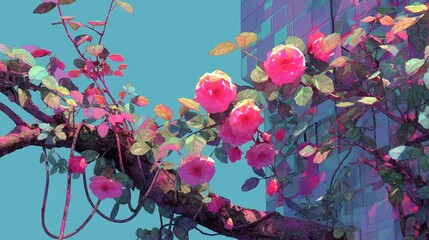 Poster - Glitch Bloom Circuit, vibrant abstract floral patterns in cyan and fuchsia, merging pop art with low-poly design, creating a dynamic visual experience.