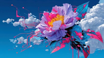 Poster - Glitch Bloom Circuit, vibrant abstract floral patterns pulsate in cyan and fuchsia, merging sleek pop art with low-poly design for a futuristic aesthetic.