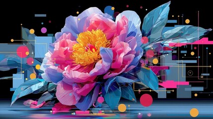 Poster - Glitch Bloom Circuit, vibrant abstract floral patterns with pulsating cyan and fuchsia colors, merging pop art style and low-poly design for a futuristic aesthetic.