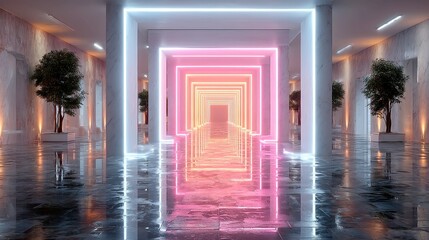Poster - Neon Flux Tunnels, vibrant streams of pink and cyan data surge through infinite tunnels, featuring precise linework and dynamic isometric geometry that captivates the viewer.