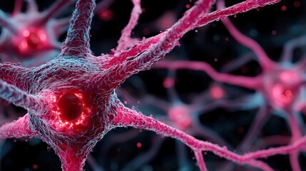 Poster - Neuro Circuit Burst, an abstract minimal tech art piece featuring a brain-inspired network in vivid electric pink and cyan, showcasing intricate schematics in a vibrant composition.