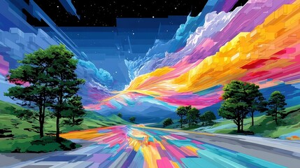 Poster - Pixel Aurora Drift, a mesmerizing display of flowing pixelated light in cool pastel neons, echoing the aesthetics of glitchcore and vibrant digital vapor blooms.