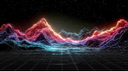 Poster - Synthwave Currents, vibrant pink and blue liquid data streams flowing across a grid horizon, drawing inspiration from retro-futurist design and digital aesthetics