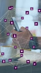 Poster - Animation of network of connections with icons over caucasian man scanning qr code