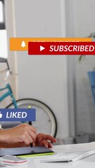 Poster - Animation of social media data processing over caucasian businesswoman using laptop in office