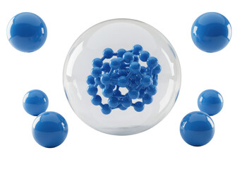 Poster - A transparent sphere encases a cluster of blue spheres, surrounded by floating blue balls on white isolated on transparent background