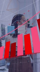Poster - Animation of graph, diverse coworkers discussing strategy over sticky notes on transparent wall