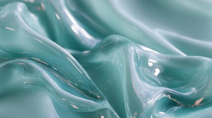Poster - Waves of glossy turquoise fabric beautifully draped and illuminated in soft light creating a serene visual effect
