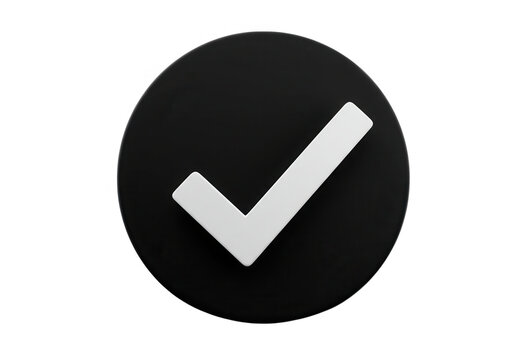 A 3d rendering of a white check mark on a black circle, symbolizing approval and validation isolated on transparent background