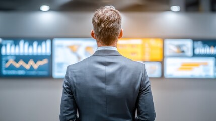 Poster - Visionary's Gaze: A man dressed in formal attire thoughtfully studies multiple screens displaying business data, symbolizing leadership and strategic planning. 