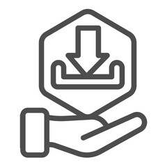 Fototapete - Downloads basket block in hand line icon, data hoarding concept. Vector graphics. Hand with loading down arrow and tray sign on white background, outline style icon for mobile or web design.