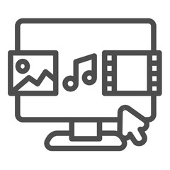 Poster - Display with pictures, music, movie and cursor line icon, data hoarding concept. Vector graphics. Screen of multimedia sign on white background, outline style icon for mobile or web design.