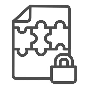 Locked file of puzzle pieces line icon, data hoarding concept. Vector graphics. File of game content with lock, secure sign on white background, outline style icon for mobile or web design.