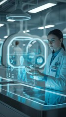 Poster - Technological Research: A focused scientist in a state-of-the-art laboratory examines holographic projections of anatomical data.