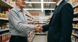 © Cleverson - An older man in casual attire shakes hands with a man in a business suit inside a supermarket aisle.