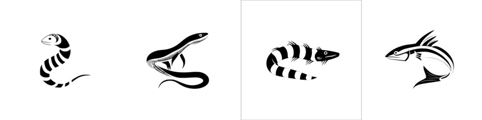 Poster - Silhouette pictogram icons set showcasing various fish and snake designs for creative projects and graphic applications