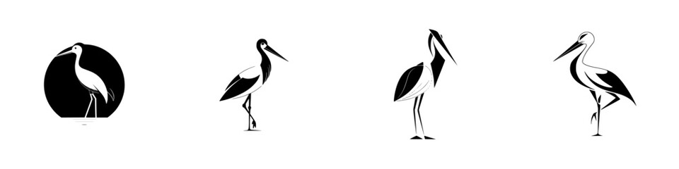 Poster - Diverse silhouettes of stork pictograms showcasing various postures in a minimalist vector design suitable for icons