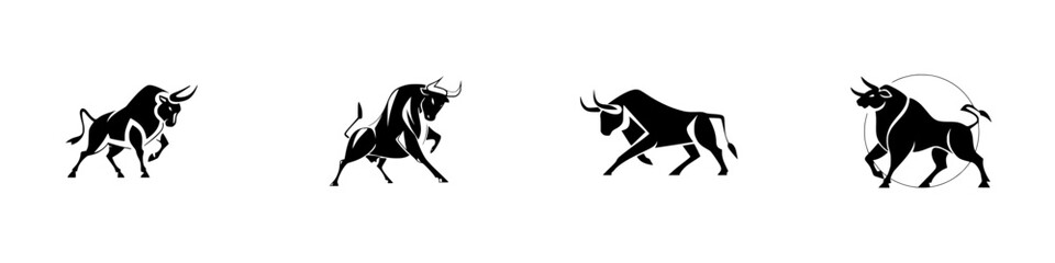 Poster - Silhouette pictogram set showcasing various bull poses illustrating movement and energy in a minimalistic design style