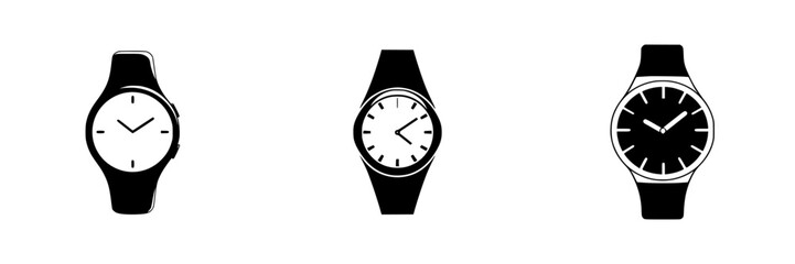 Poster - Silhouette pictogram collection featuring three distinct watch designs in a minimalist style