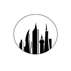 Poster - Silhouette pictogram of a modern city skyline featuring various skyscrapers in black against a circular background