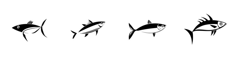 Poster - Vector icons representing various fish silhouettes in a minimalist style for graphic design projects