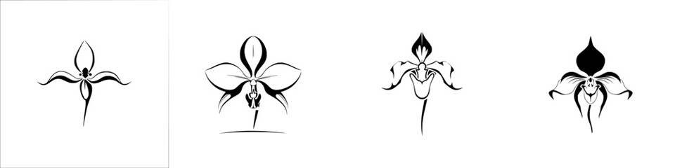 Poster - Set of isolated vector icons featuring silhouette pictograms of various orchid flowers in minimalistic design