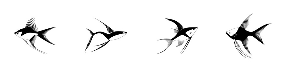 Poster - Silhouette pictograms of various fish species showcasing unique shapes and fin designs in a minimalist vector style
